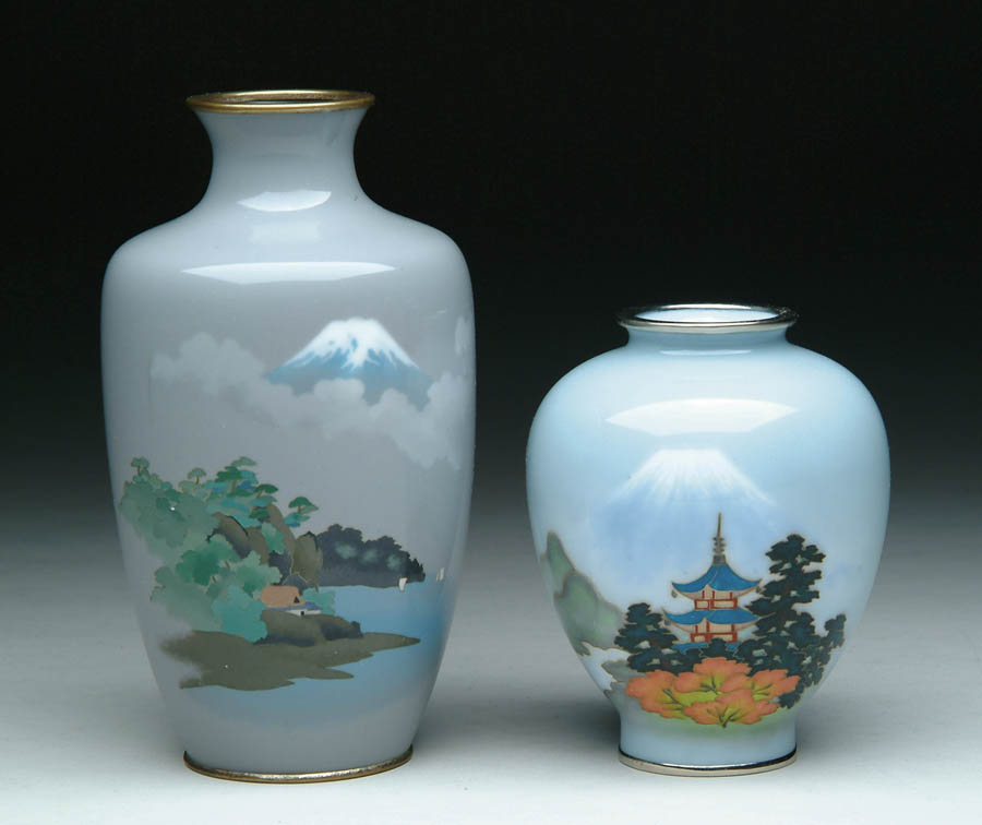 Appraisal: TWO JAPANESE CLOISONNE ENAMEL VASES Both scenic with Mt Fuji