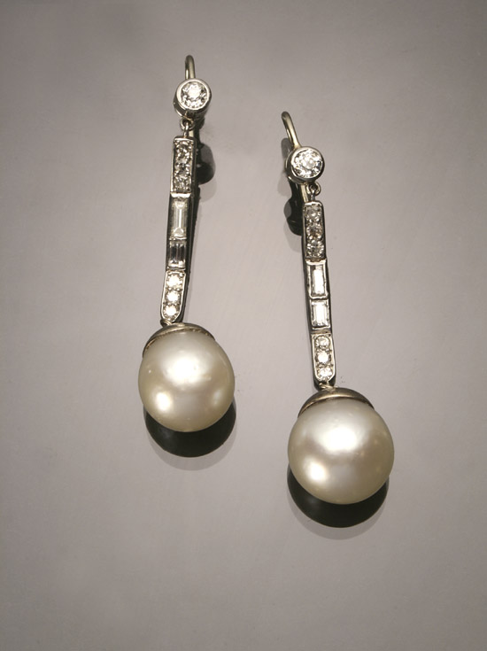 Appraisal: Pair of Tested -Karat White-Gold Platinum Cultured Pearl and Diamond