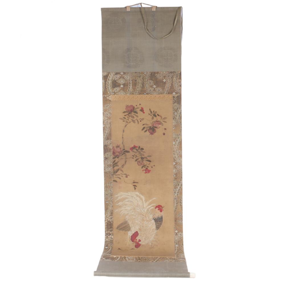 Appraisal: JAPANESE EDO KAKEMONO ROOSTER AND FLOWERING POMEGRANATE BRANCH W X