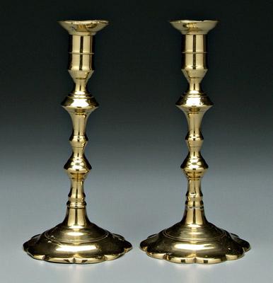 Appraisal: Pair English brass candlesticks baluster posts above scalloped circular bases