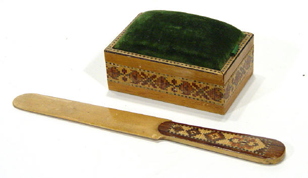 Appraisal: Rectangular Tunbridge ware style sewing box with green pin cushion