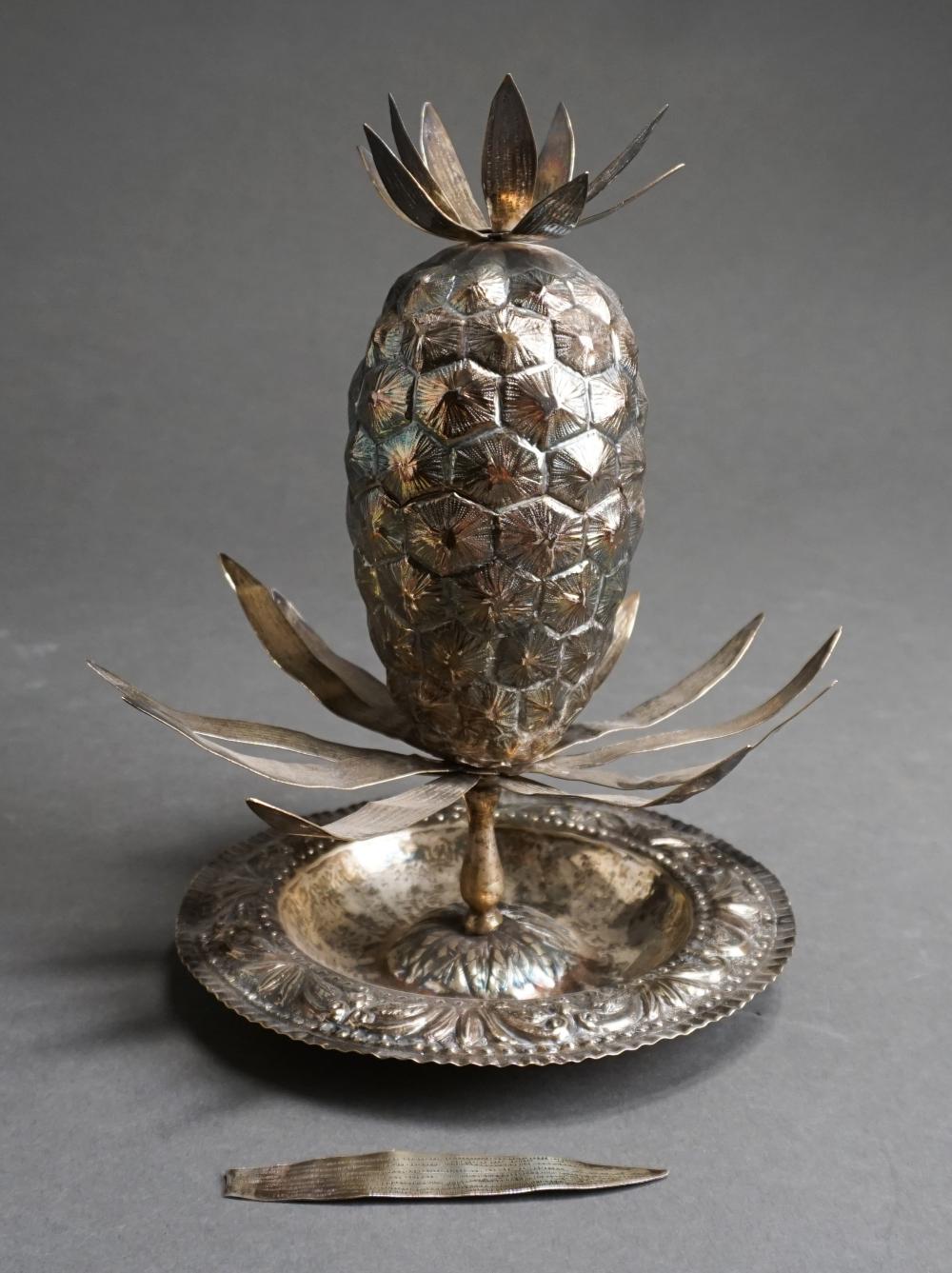 Appraisal: POSSIBLY PERUVIAN SILVER PINEAPPLE HINGED SERVING DISH OZT H INPossibly