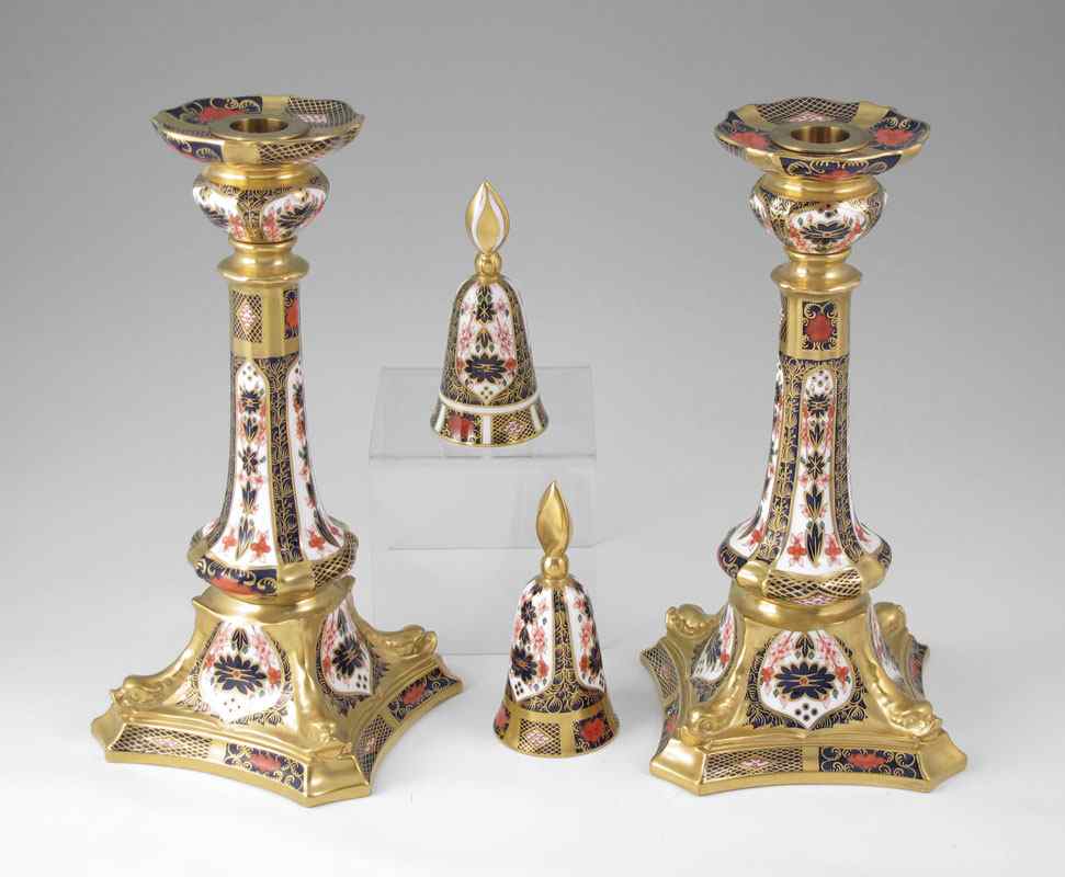 Appraisal: PR ROYAL CROWN DERBY OLD IMARI CANDLE STANDS AND SNUFFERS