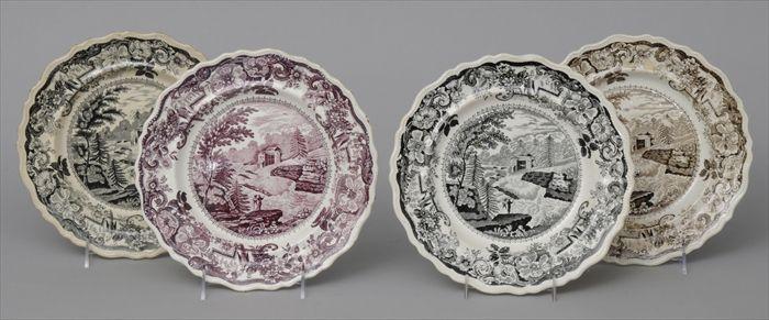 Appraisal: FOUR STAFFORDSHIRE HISTORICAL TRANSFER-PRINTED PLATES Each with view of Baker's