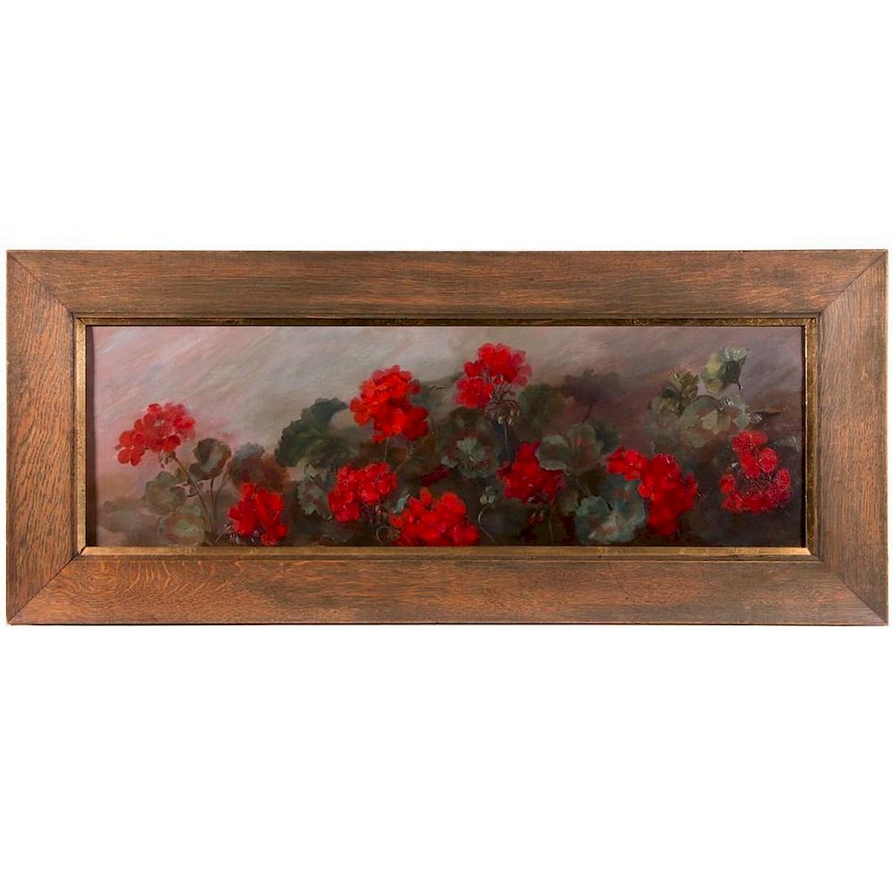 Appraisal: A fine oil on canvas painting of geraniums A late