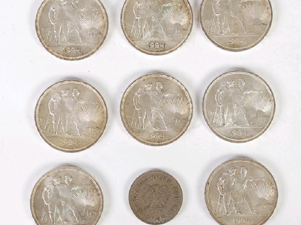 Appraisal: EIGHT RUSSIAN SILVER Standard ONE ROUBLE COINS and POLISH ONE