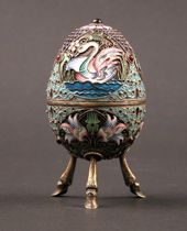 Appraisal: Russian Sterling Enameled Egg Russian sterling egg has gold wash