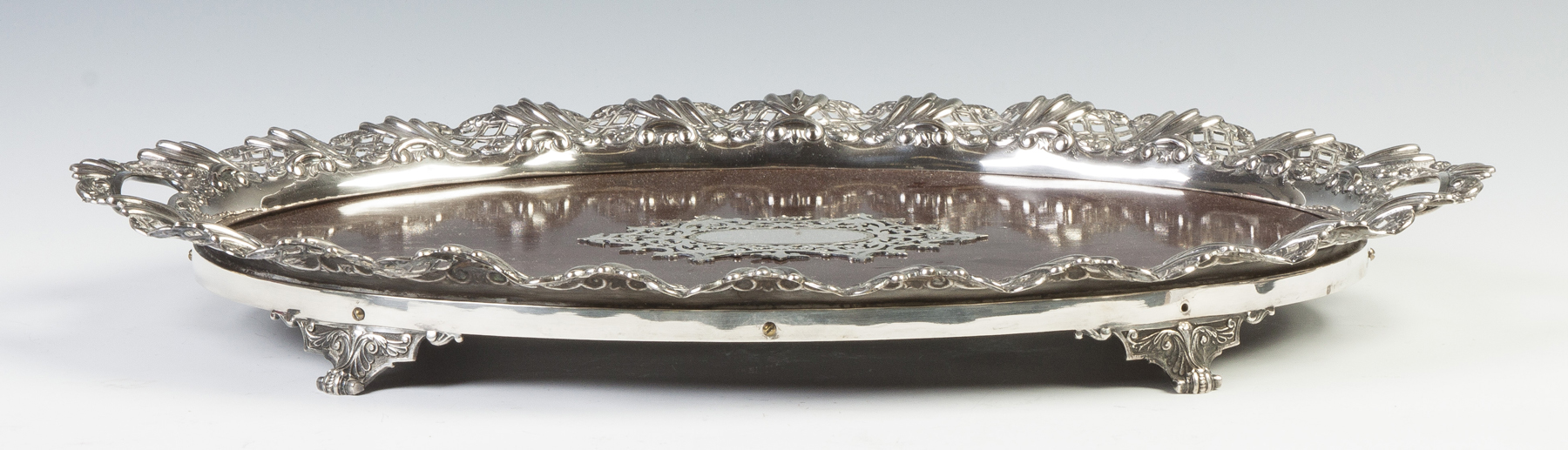 Appraisal: Silver Mahogany Serving Tray th cent Shaped reticulated border Hallmark