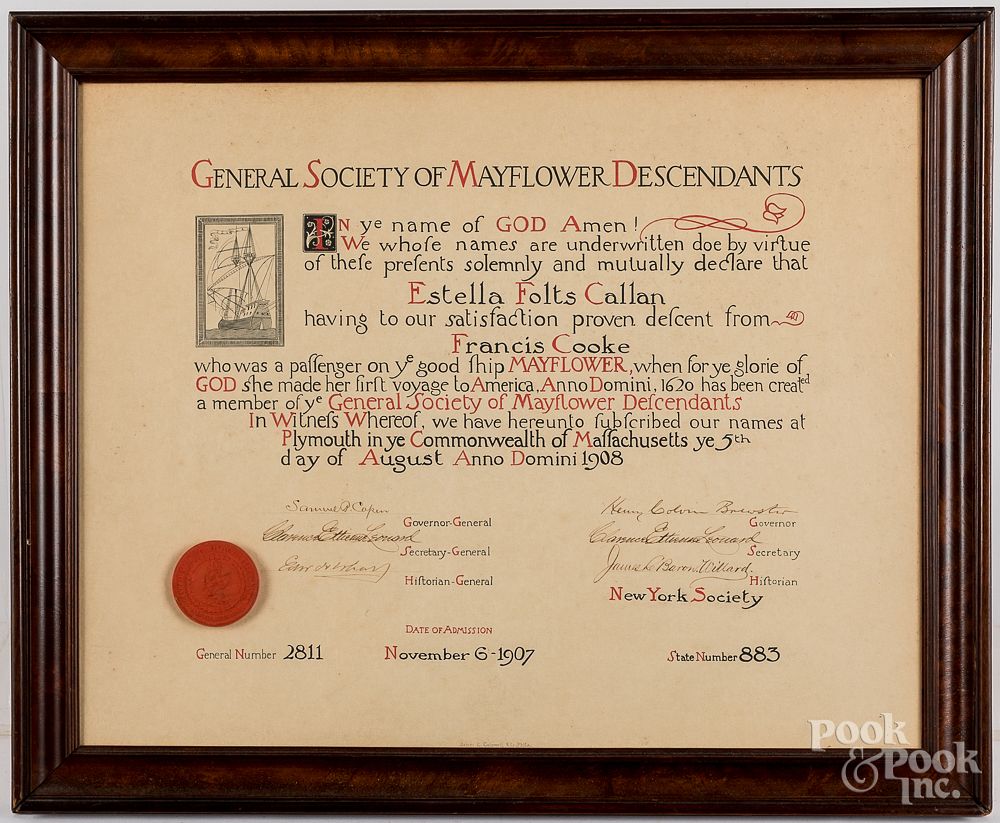 Appraisal: General Society Mayflower Descendants certificate General Society of Mayflower Descendants