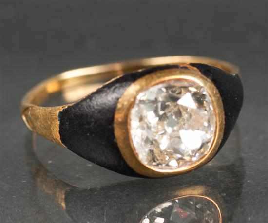 Appraisal: Diamond gold and enamel ring th century mine-cut diamond approximately