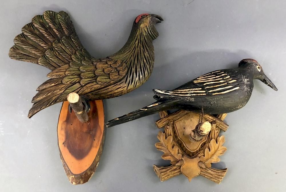 Appraisal: Carved Blackbird and Rooster Wall Hangers Large Continental carved blackbird