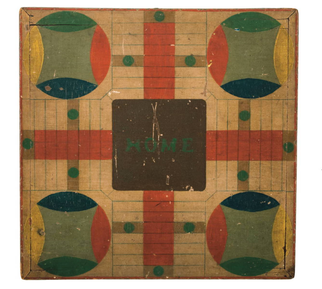 Appraisal: FIVE PAINTED WOOD GAME BOARDS Comprising two parchesi boards and