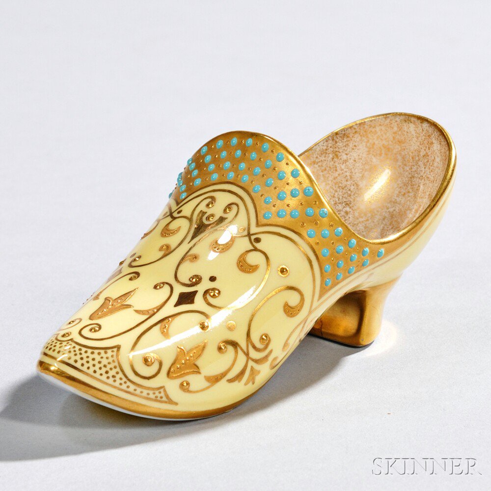 Appraisal: Jeweled Coalport Porcelain Slipper England late th century yellow enamel