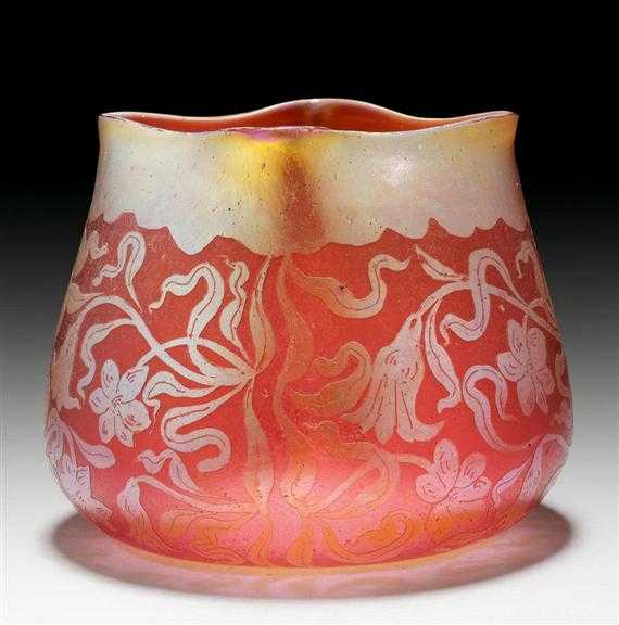 Appraisal: LOETZ VASE circa Acid-etched pink glass with iridescent silver overlay