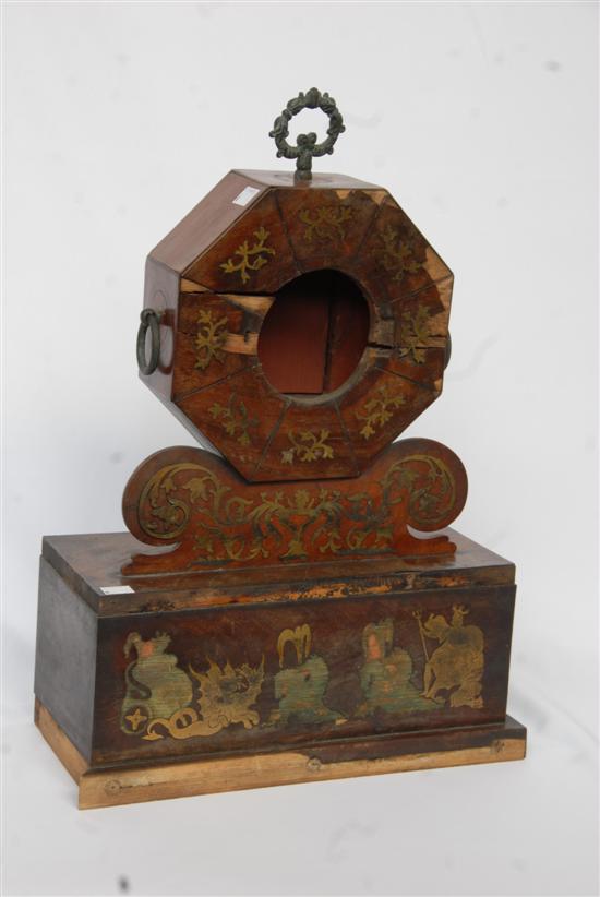 Appraisal: ROSEWOOD ORIENTAL CLOCKCASE th c inlaid with bronze missing veneer