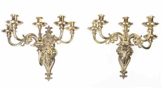 Appraisal: A Pair Continental Gilt Metal Five-Light Sconces the foliate cast