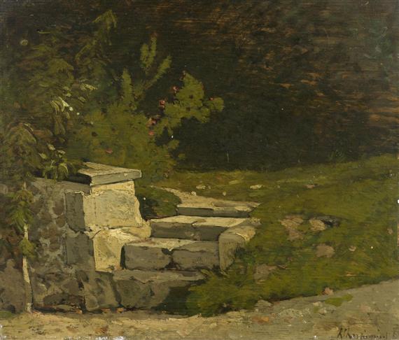 Appraisal: HARPIGNIES HENRY-JOSEF Valenciennes - St Priv Garden steps Oil on