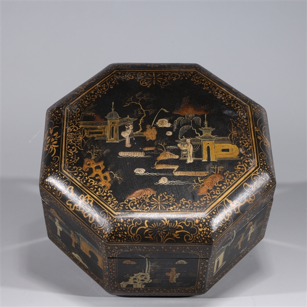 Appraisal: Chinese covered gilt lacquer box with allover figures and courtyard