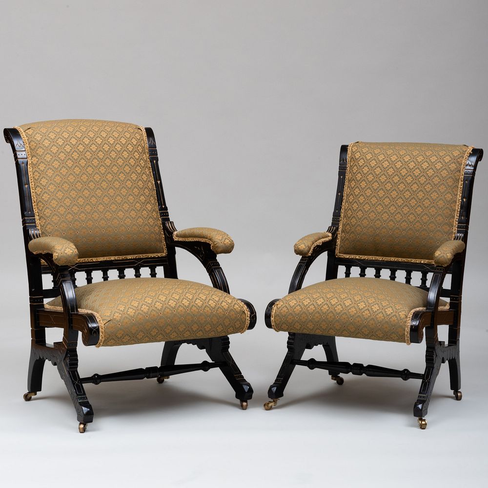 Appraisal: Two American Aesthetic Movement Ebonized Parcel-Gilt and Upholstered Parlor Chairs