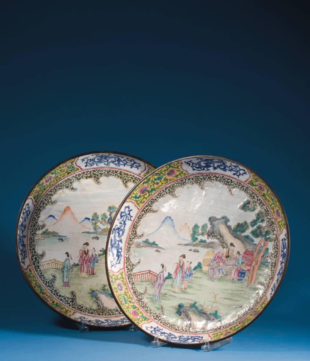 Appraisal: PAIR OF PEKING ENAMEL DEEP DISHES WITH FIGURES AND MOUNTAINOUS