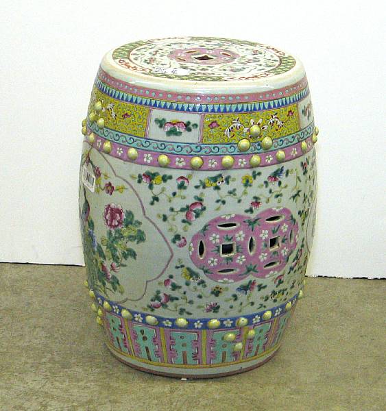 Appraisal: A famille rose enameled porcelain garden seat Of barrel form