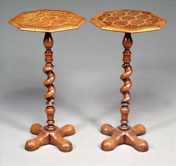 Appraisal: A pair of walnut and oyster veneered octagonal tables in