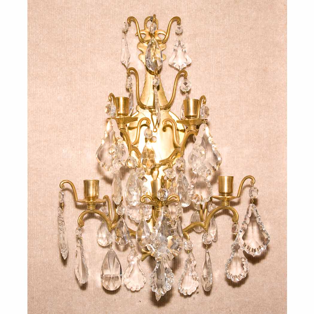 Appraisal: Pair of Louis XV Style Gilt-Metal and Glass Three-Light Sconces