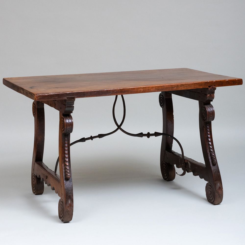 Appraisal: Spanish Walnut and Wrought-Iron Center Table x ft in x