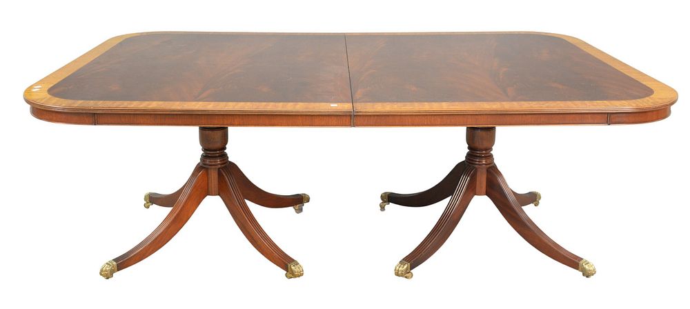 Appraisal: Custom Mahogany Double Pedestal Dining Table having large banding around