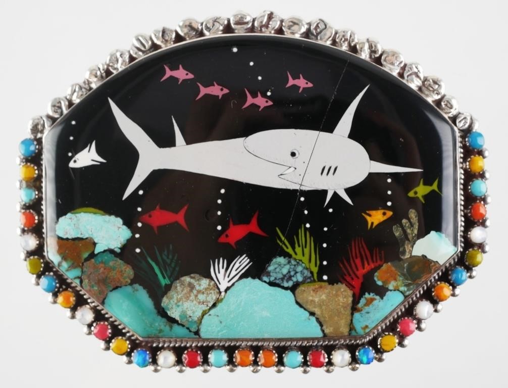 Appraisal: Inlaid with underwater scene Hairline through shark's head Measures -