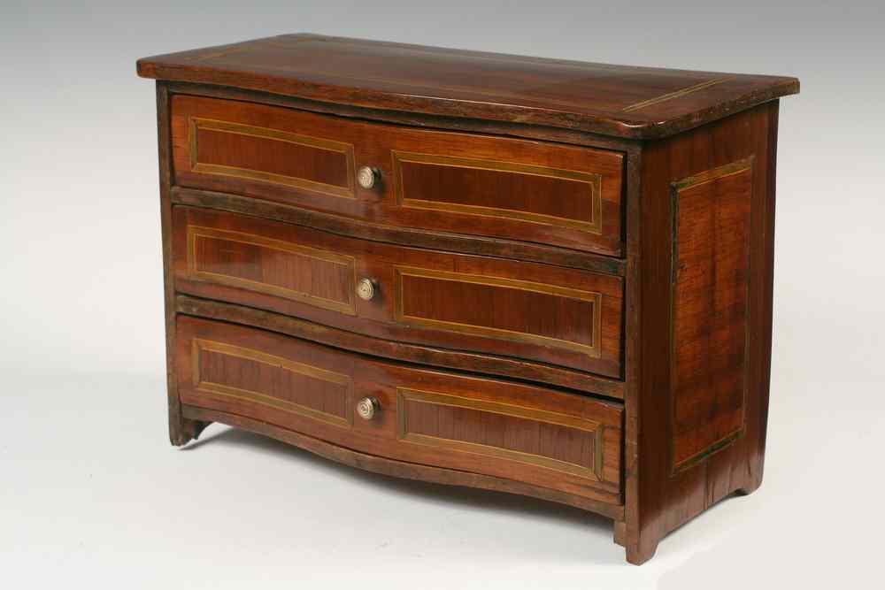 Appraisal: MINIATURE DRESSER - Miniature French Three-Drawer Serpentine Dresser early th