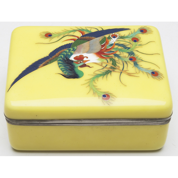 Appraisal: Japanese box Meiji period cloisonne colorful peacock design on a