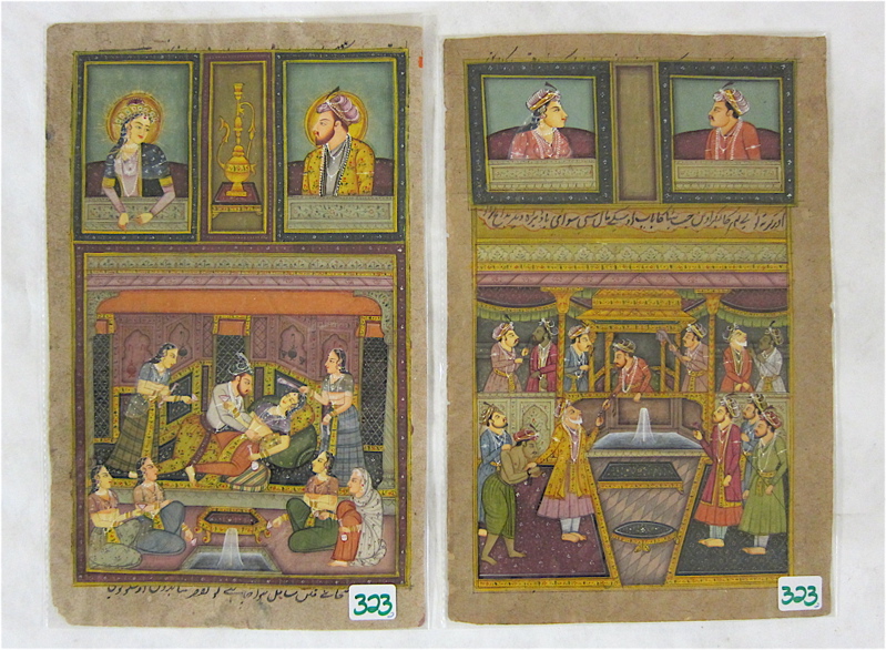 Appraisal: TWO PERSIAN MANUSCRIPT LEAVES depicting a palace courtyard and interior