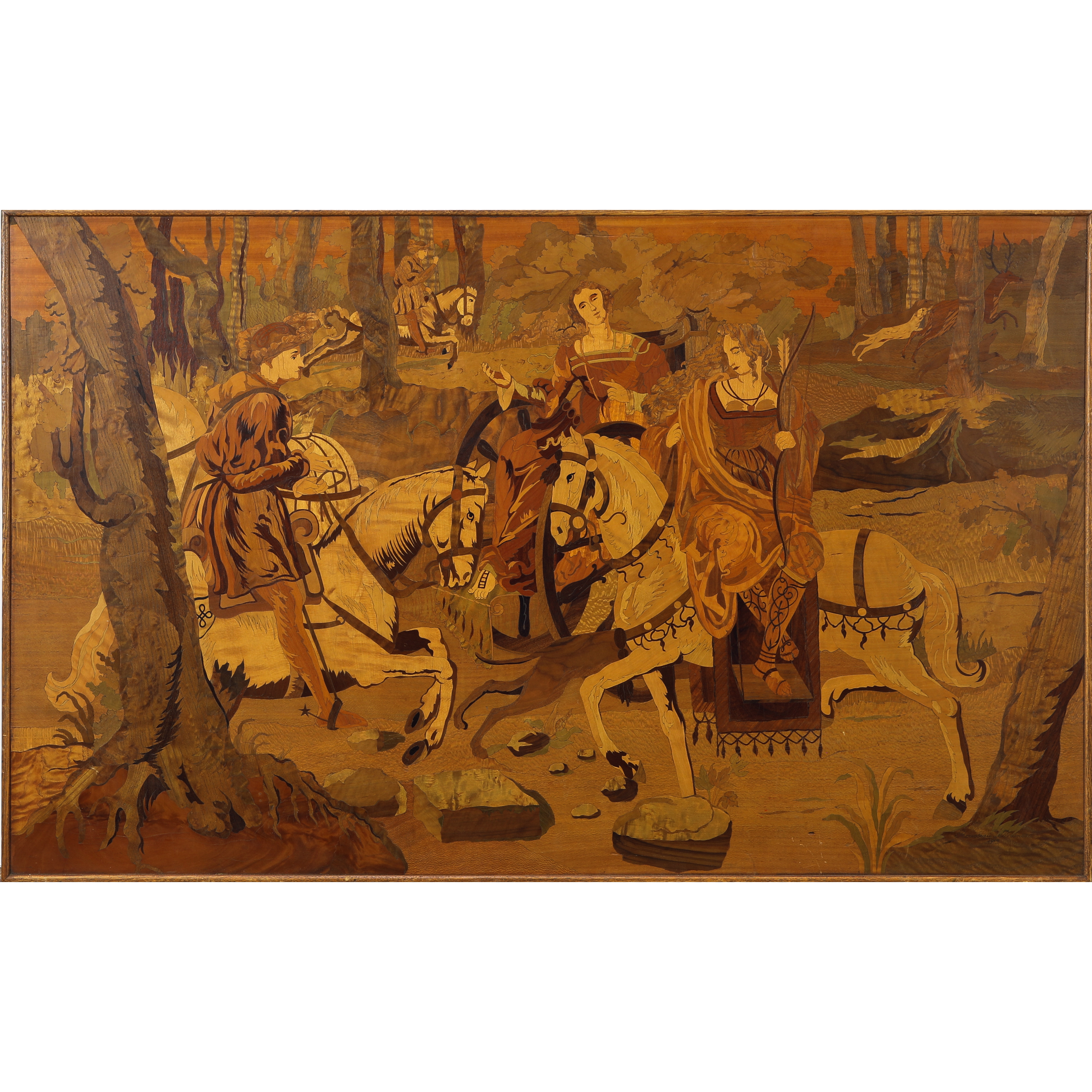 Appraisal: CONTINENTAL MARQUETRY DECORATED PANEL Continental marquetry decorated panel depicting a