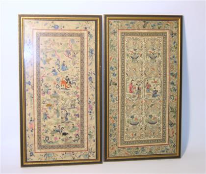 Appraisal: Pair of Chinese silk panels qing dynasty Of tall rectangular