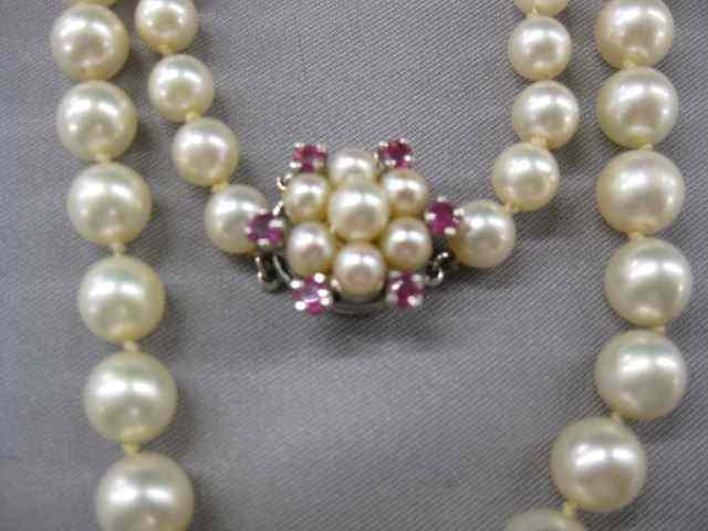 Appraisal: Pearl Necklace ruby pearl k white gold clasp Akoya graduated