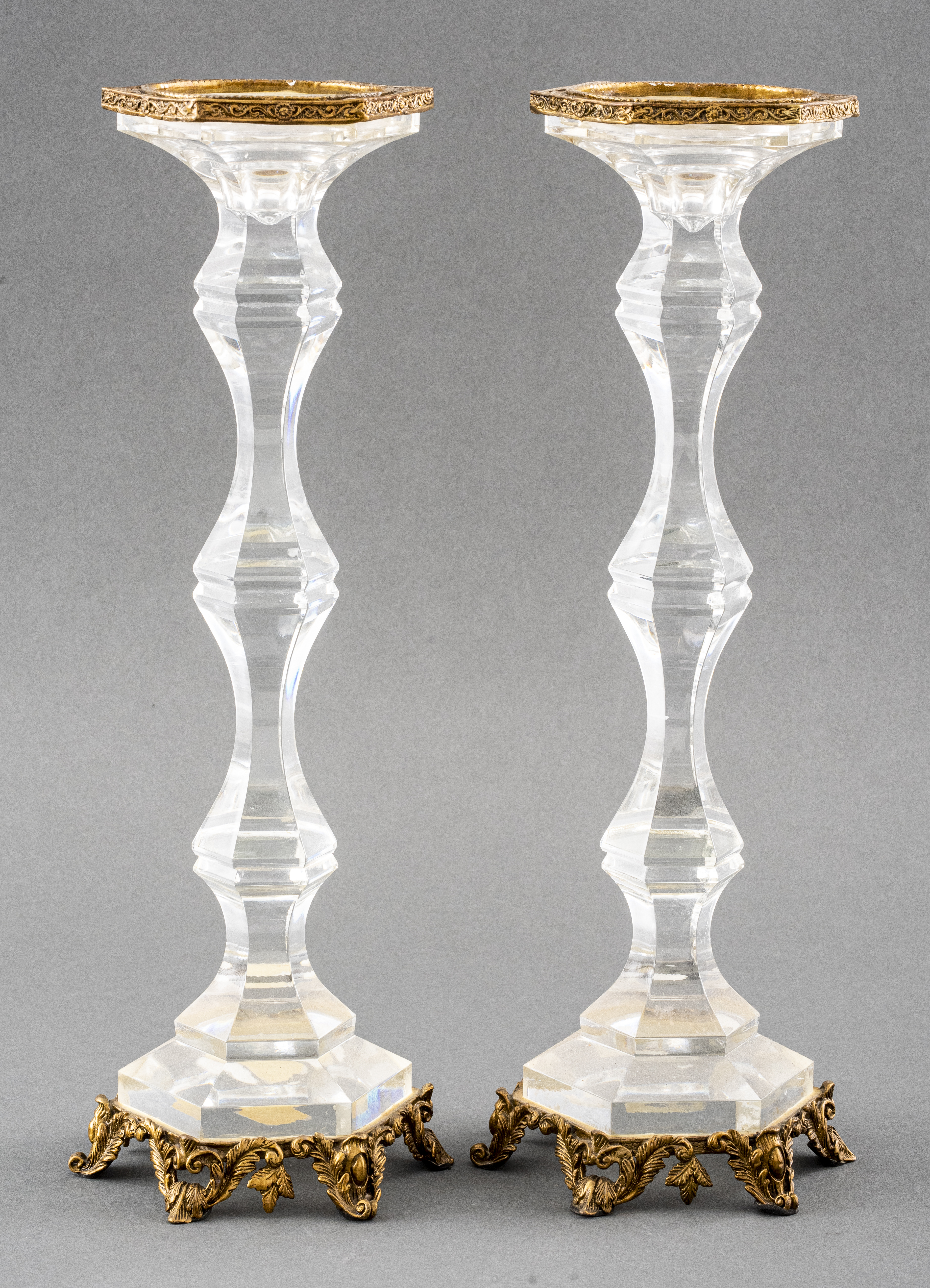 Appraisal: NEOCLASSICAL MANNER CRYSTAL BRASS CANDLESTICKS Pair of Neoclassical Manner crystal