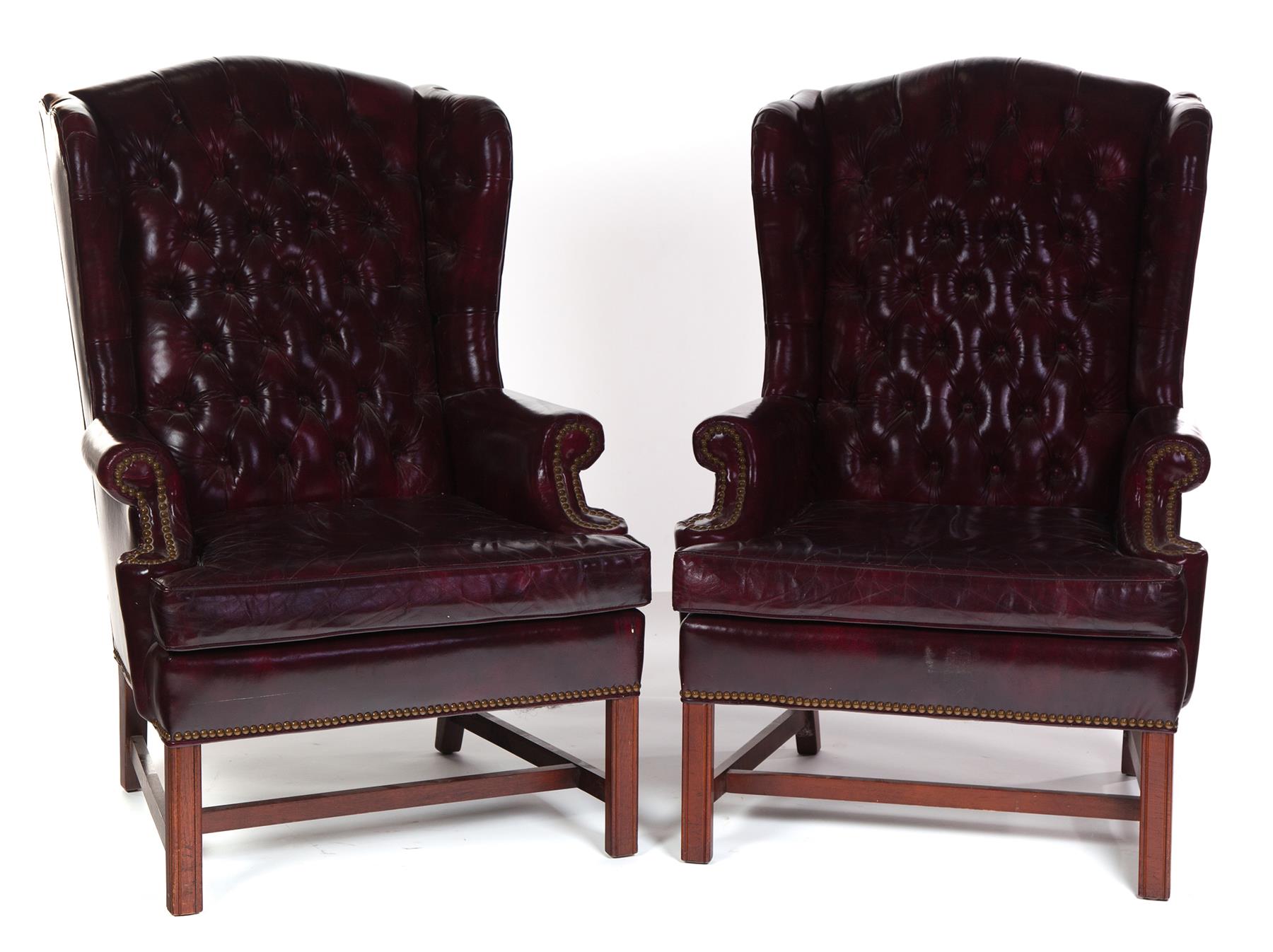 Appraisal: PAIR OF AMERICAN CHIPPENDALE-STYLE LEATHER WINGBACK CHAIRS Late th century