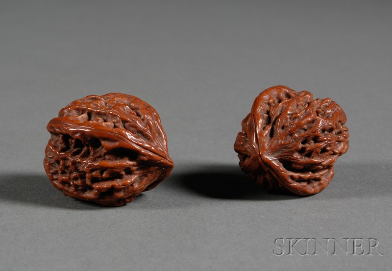 Appraisal: Pair of Carved Boxwood Walnuts China th th century lg