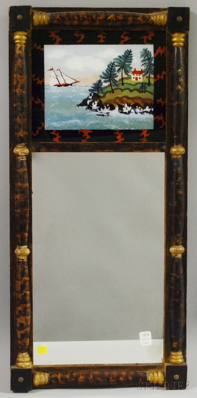 Appraisal: Grain-painted Split-baluster Mirror with Reverse-painted Glass Tablet lg in