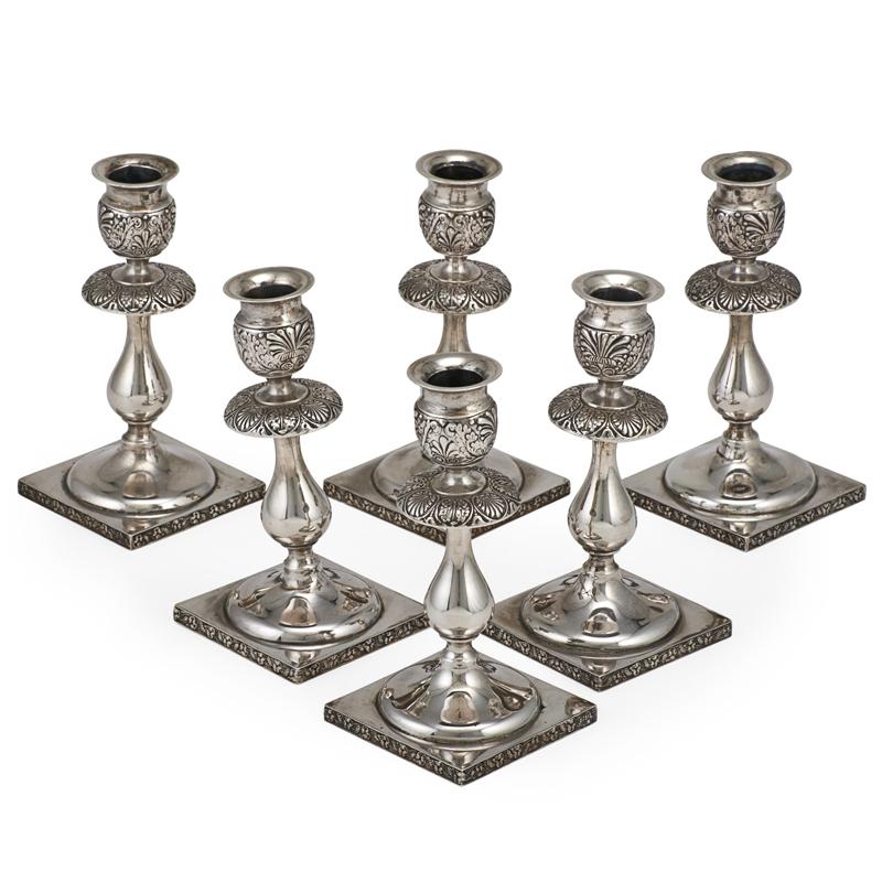 Appraisal: SET OF IMPERIAL ERA RUSSIAN SILVER CANDLESTICKS Six candlesticks knopped