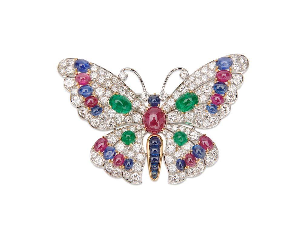 Appraisal: K Gold Ruby Emerald Sapphire and Diamond Butterfly Brooch K