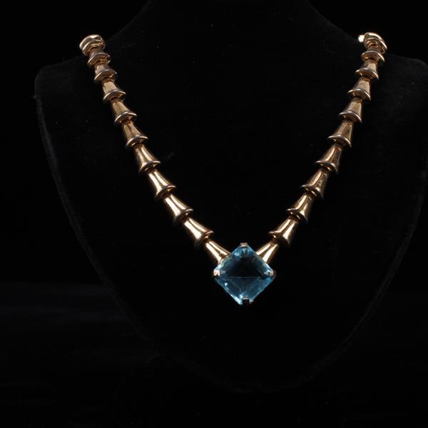 Appraisal: Jeray Gilt Sterling Vintage Modern Link Necklace with Aquamarine Blue