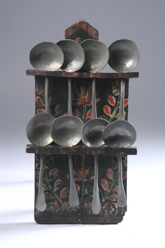 Appraisal: CONTINENTAL PAINTED WOOD UTENSIL SHELF AND EIGHT ENGLISH PEWTER SPOONS