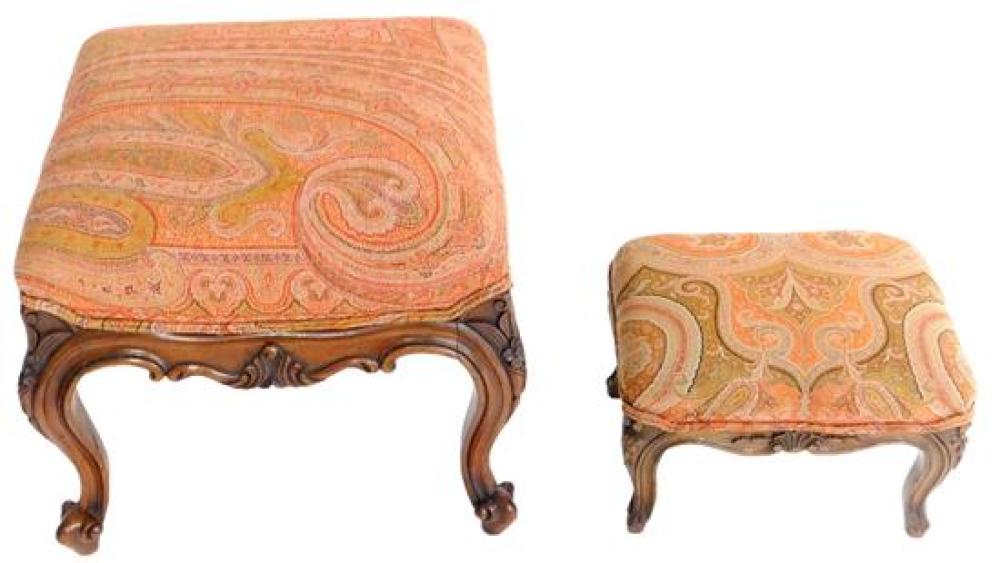 Appraisal: Two matching French style stools with carved cabriole legs terminating