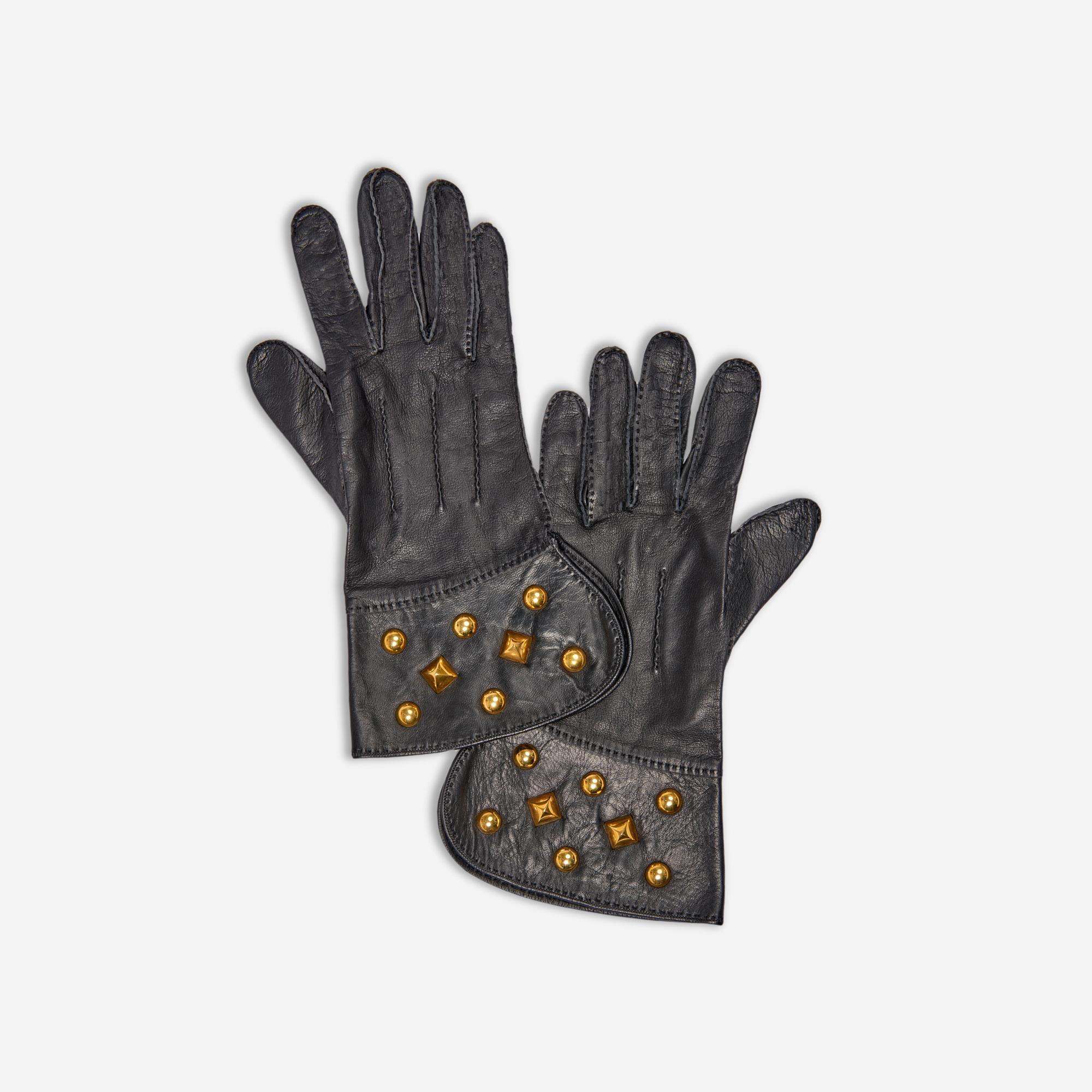 Appraisal: HERMES BLACK LEATHER STUDDED GLOVES SIZE A pair of black