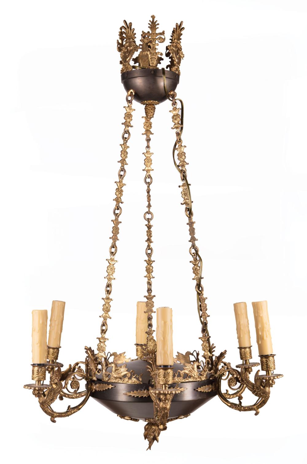 Appraisal: Empire-Style Gilt and Patinated Bronze Six-Light Chandelier th c mask