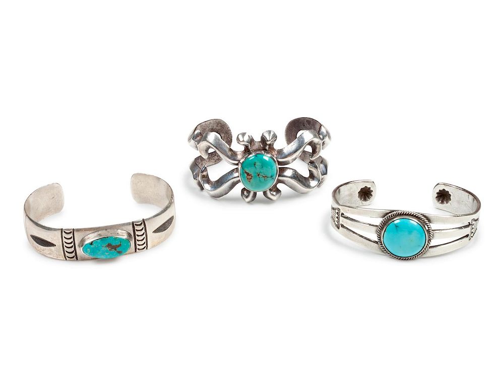 Appraisal: Three Navajo Silver and Turquoise Cuff Bracelets largest length x