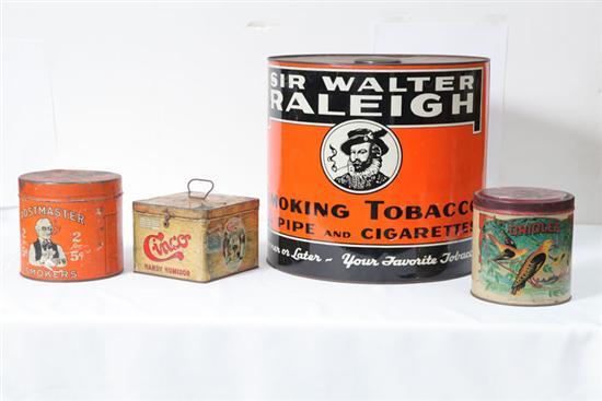 Appraisal: FOUR TOBACCO TINS Store size Walter Raleigh h Postmaster h