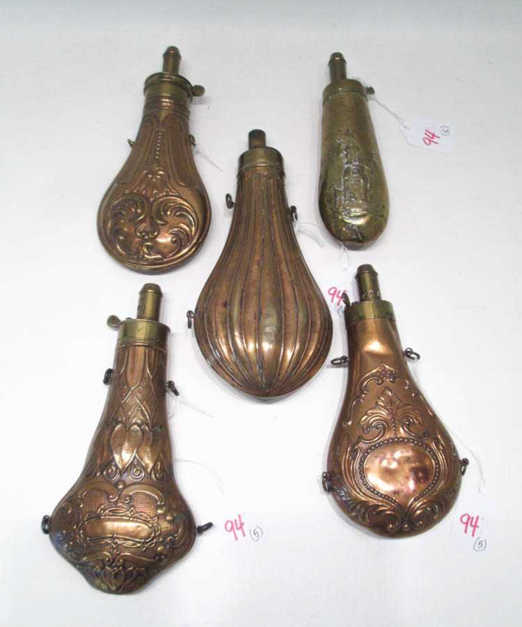 Appraisal: FIVE COLLECTIBLE BRASS AND COPPER POWDER FLASKS Hawksley violin shape